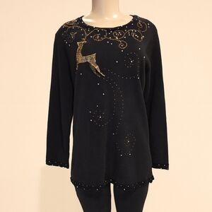 Quacker Factory Black Holiday Sweater with Gold Beaded Reindeer – Size Small